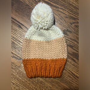 Anthropologie Colorblock Pom Beanie Orange Tan Cream Chunky Knit